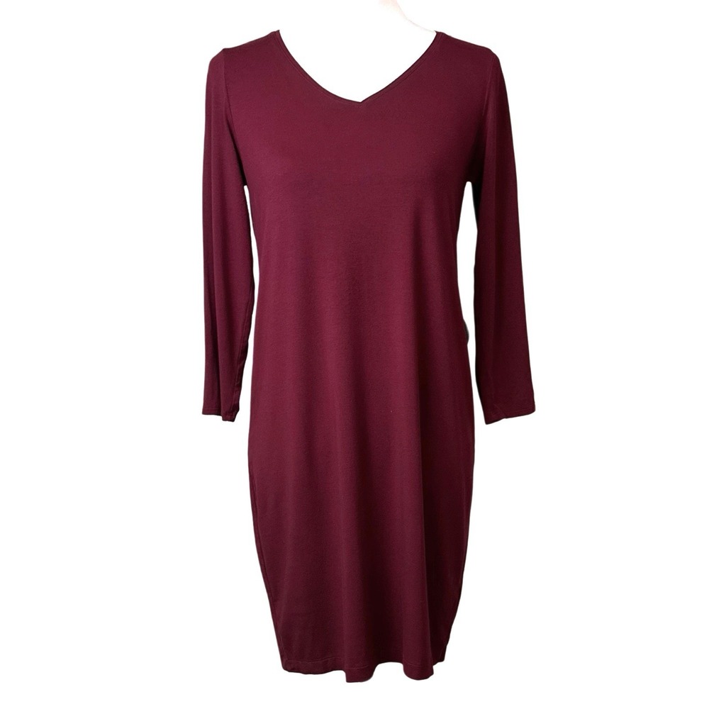 Eileen Fisher V-Neck Long Sleeve Shift Dress Burgundy Women Size L